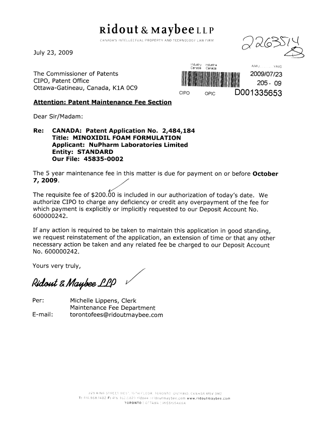 Canadian Patent Document 2484184. Fees 20090723. Image 1 of 1