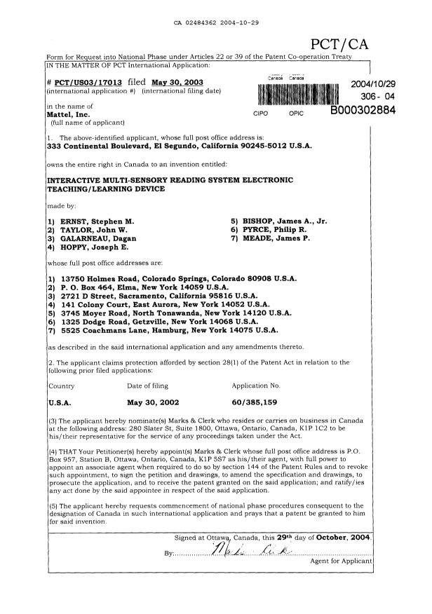 Document de brevet canadien 2484362. Cession 20041029. Image 2 de 2