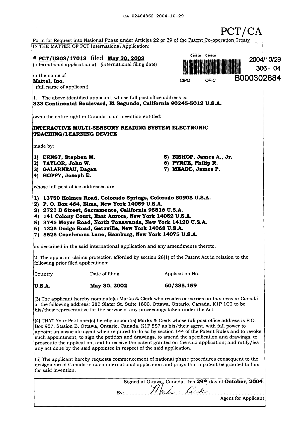 Canadian Patent Document 2484362. Assignment 20041029. Image 2 of 2