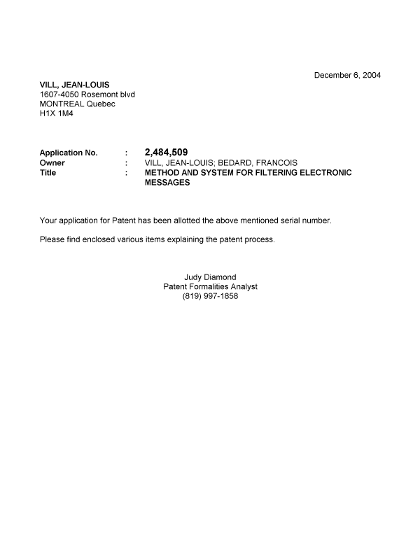 Canadian Patent Document 2484509. Correspondence 20041206. Image 1 of 1