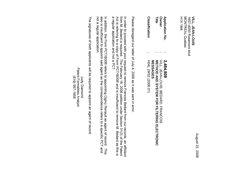 Document de brevet canadien 2484509. Correspondance 20060817. Image 1 de 1