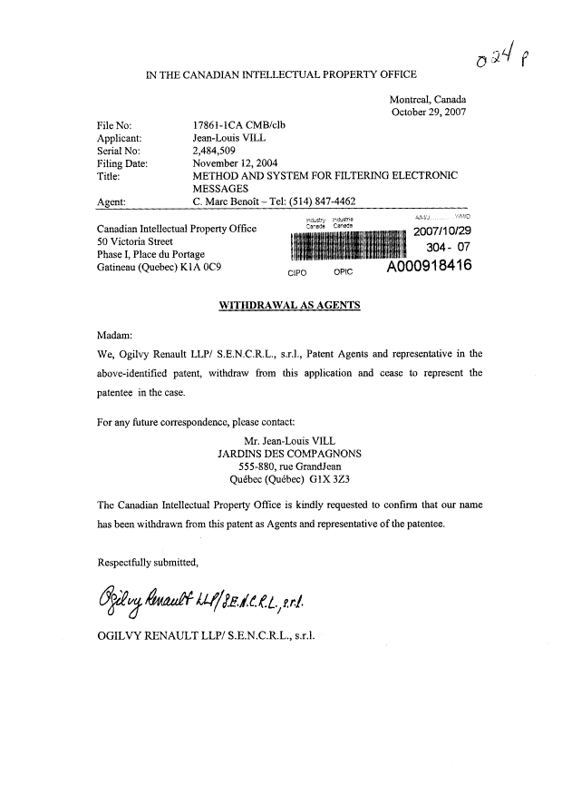 Canadian Patent Document 2484509. Correspondence 20071029. Image 1 of 1