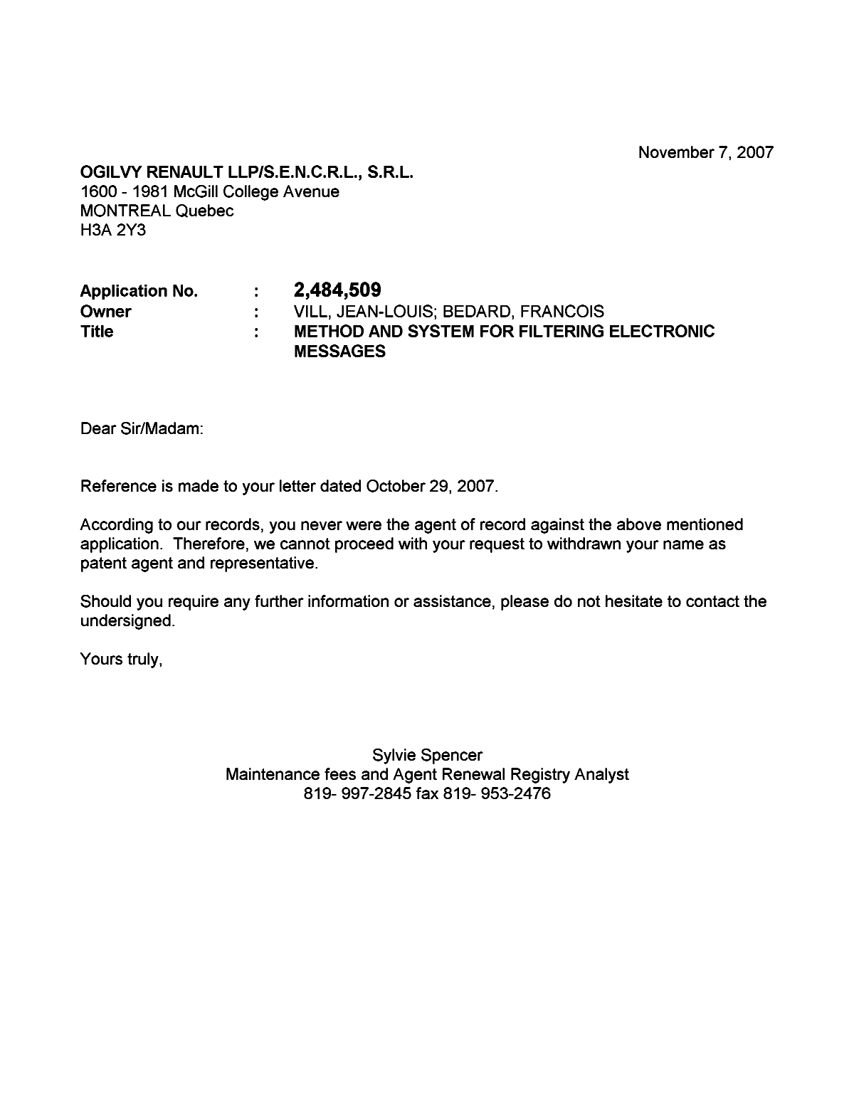 Document de brevet canadien 2484509. Correspondance 20071107. Image 1 de 1