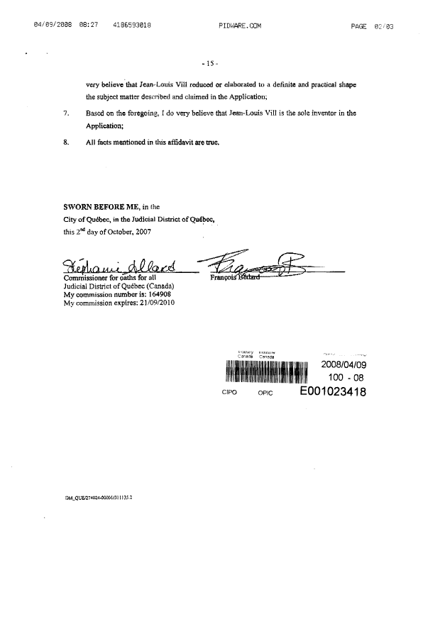 Document de brevet canadien 2484509. Correspondance 20071209. Image 3 de 3