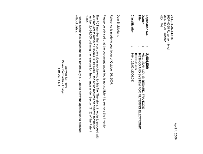 Document de brevet canadien 2484509. Correspondance 20080404. Image 1 de 1