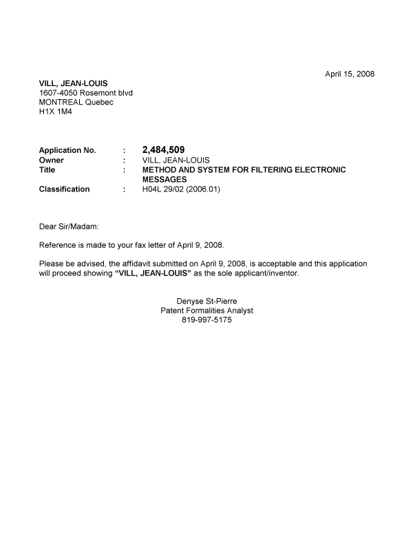Canadian Patent Document 2484509. Correspondence 20080415. Image 1 of 1