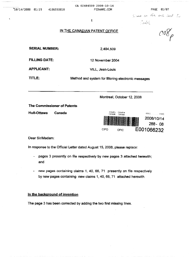 Canadian Patent Document 2484509. Prosecution-Amendment 20081014. Image 1 of 7