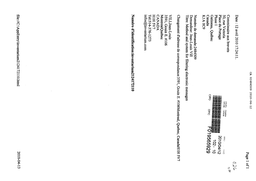 Document de brevet canadien 2484509. Correspondance 20100412. Image 1 de 1