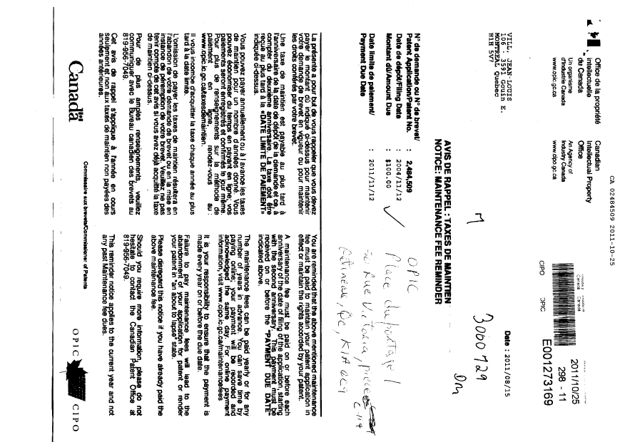 Document de brevet canadien 2484509. Taxes 20101225. Image 1 de 1