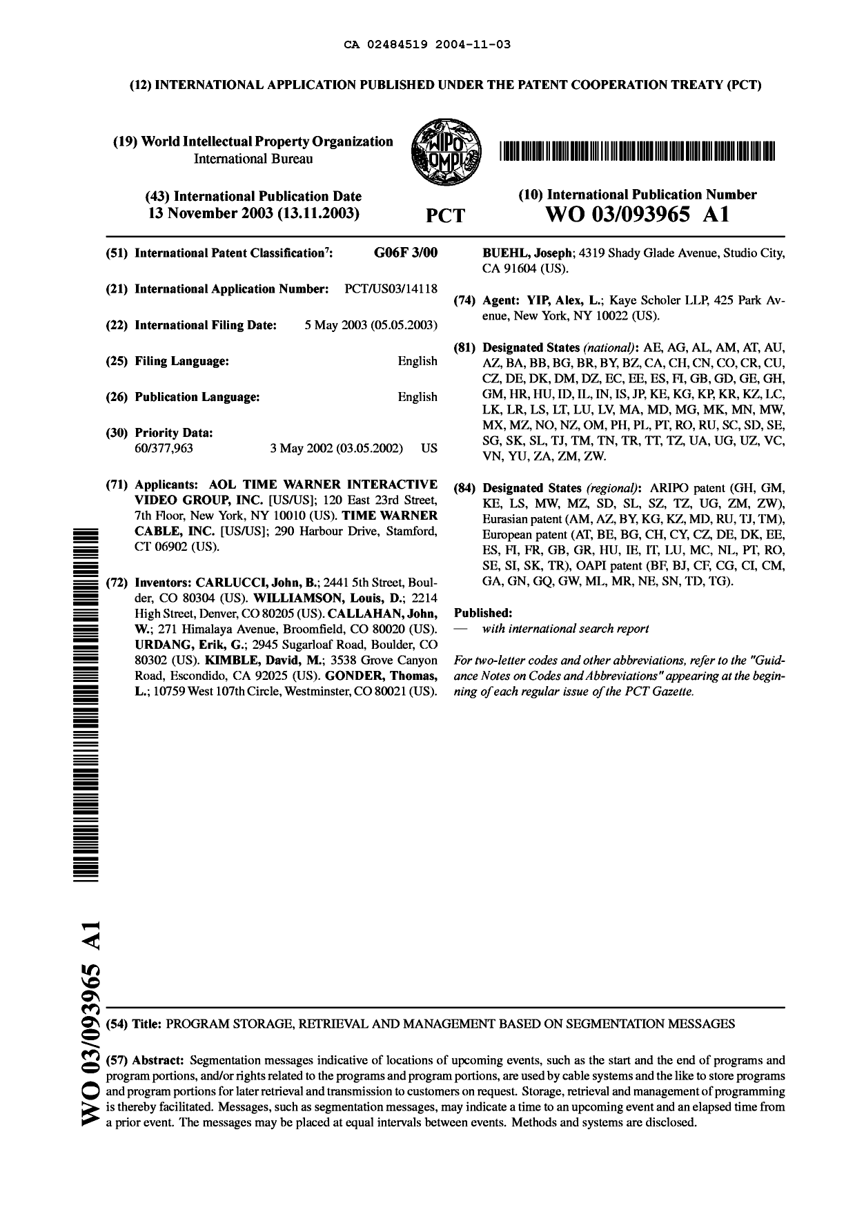Document de brevet canadien 2484519. Abrégé 20041103. Image 1 de 1