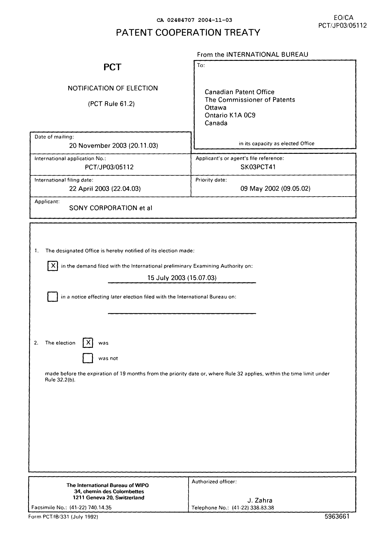 Document de brevet canadien 2484707. PCT 20041103. Image 1 de 8