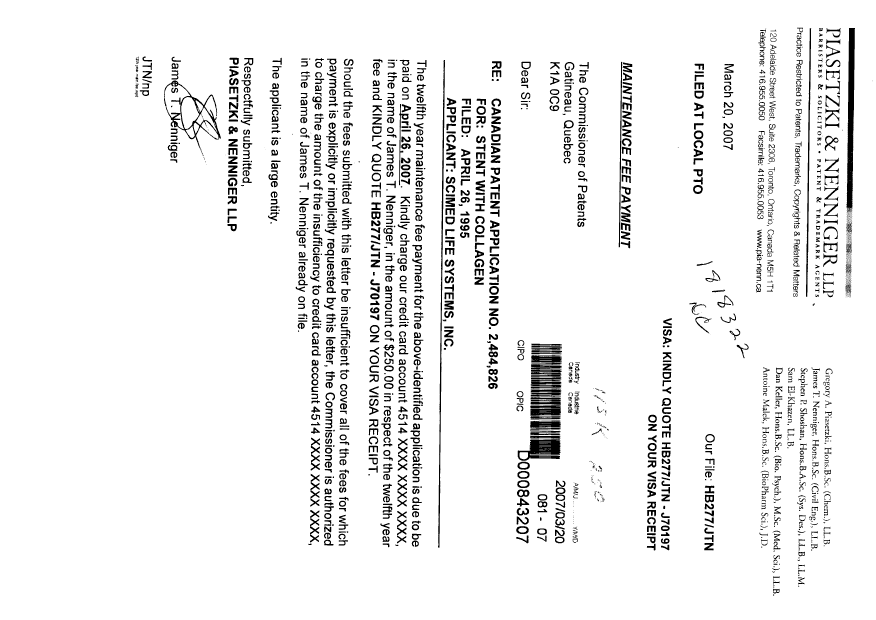 Document de brevet canadien 2484826. Taxes 20070320. Image 1 de 1
