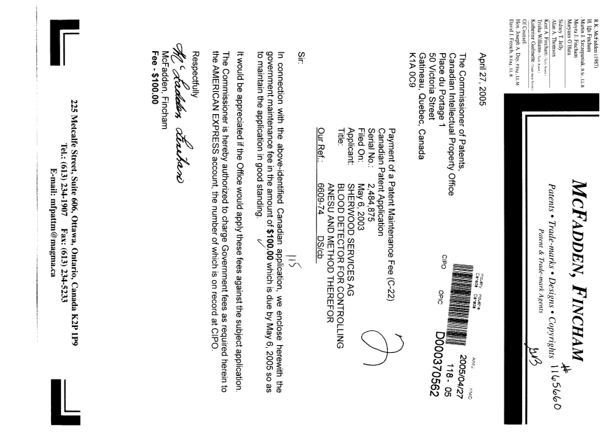 Document de brevet canadien 2484875. Taxes 20050427. Image 1 de 1