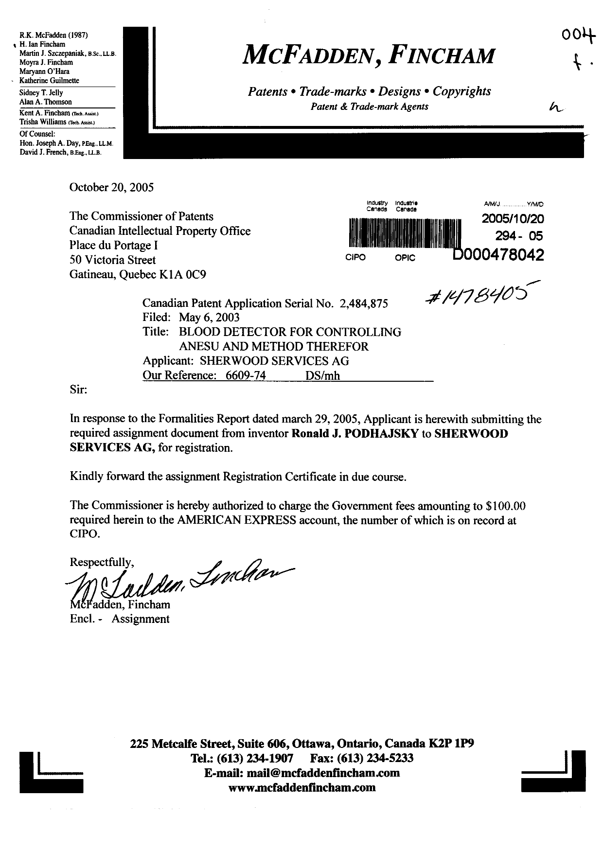 Document de brevet canadien 2484875. Cession 20051020. Image 1 de 4