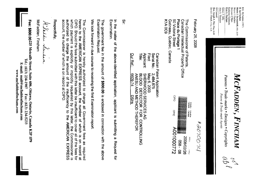 Document de brevet canadien 2484875. Poursuite-Amendment 20080226. Image 1 de 1