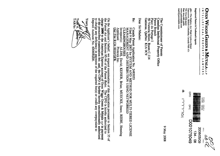 Document de brevet canadien 2485053. Poursuite-Amendment 20080509. Image 1 de 1