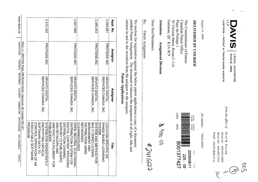 Document de brevet canadien 2485053. Cession 20090811. Image 1 de 10
