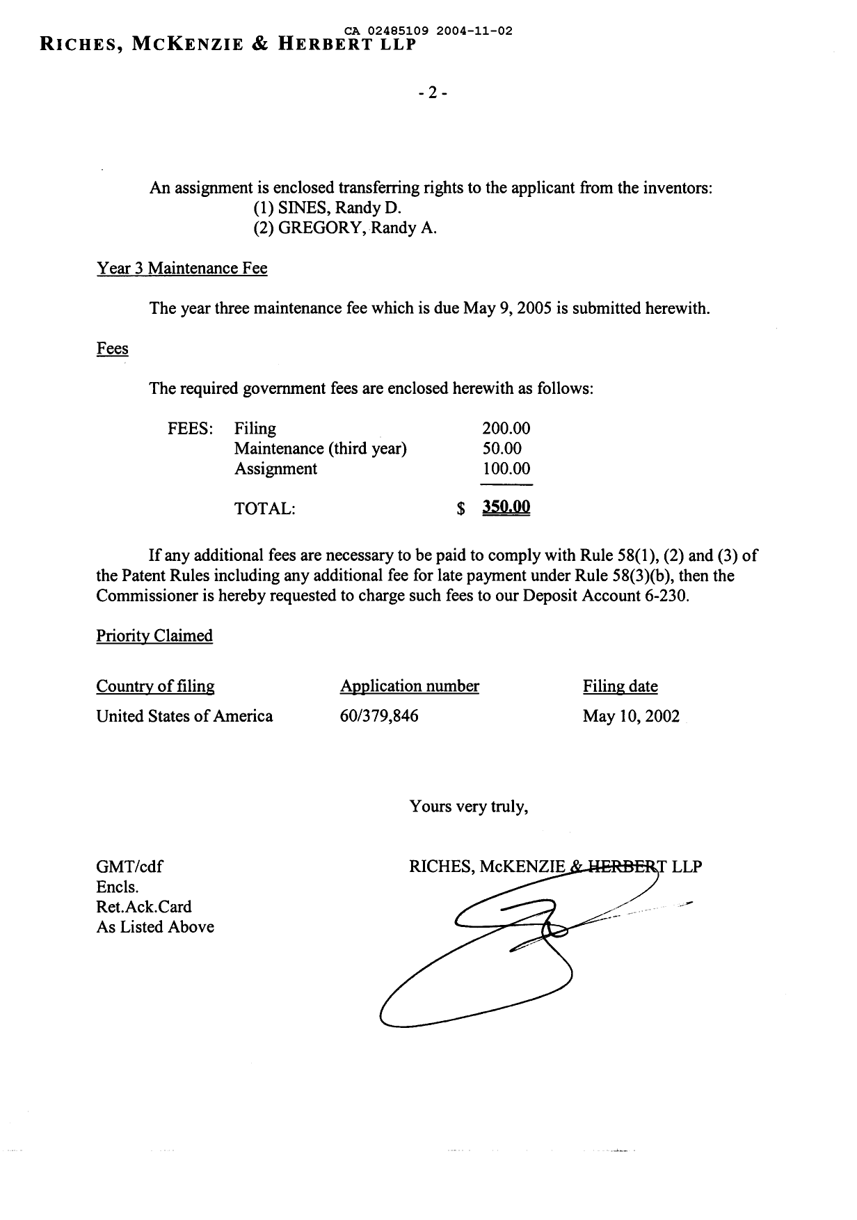 Document de brevet canadien 2485109. Cession 20041102. Image 2 de 9