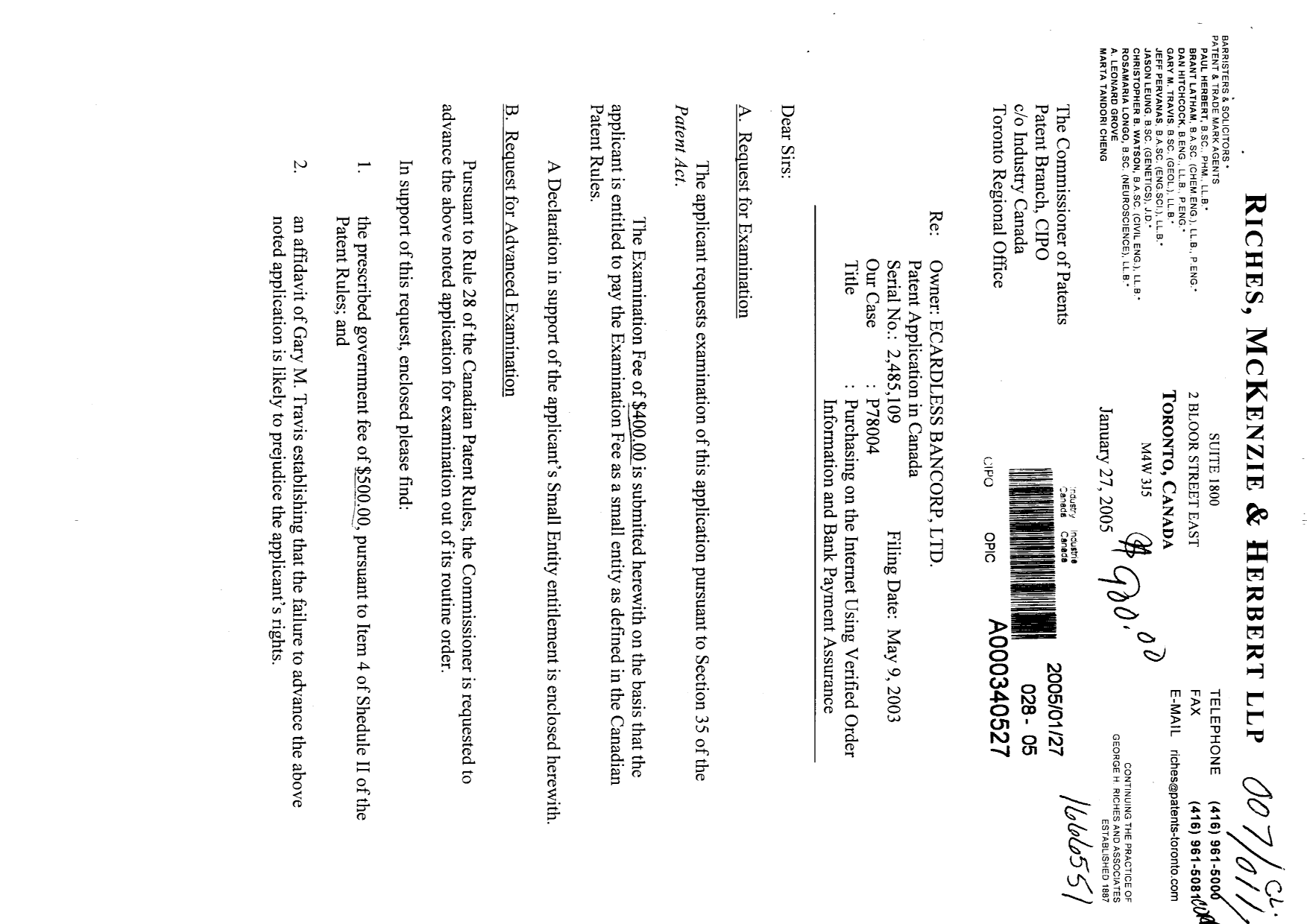 Document de brevet canadien 2485109. Correspondance 20041227. Image 1 de 3