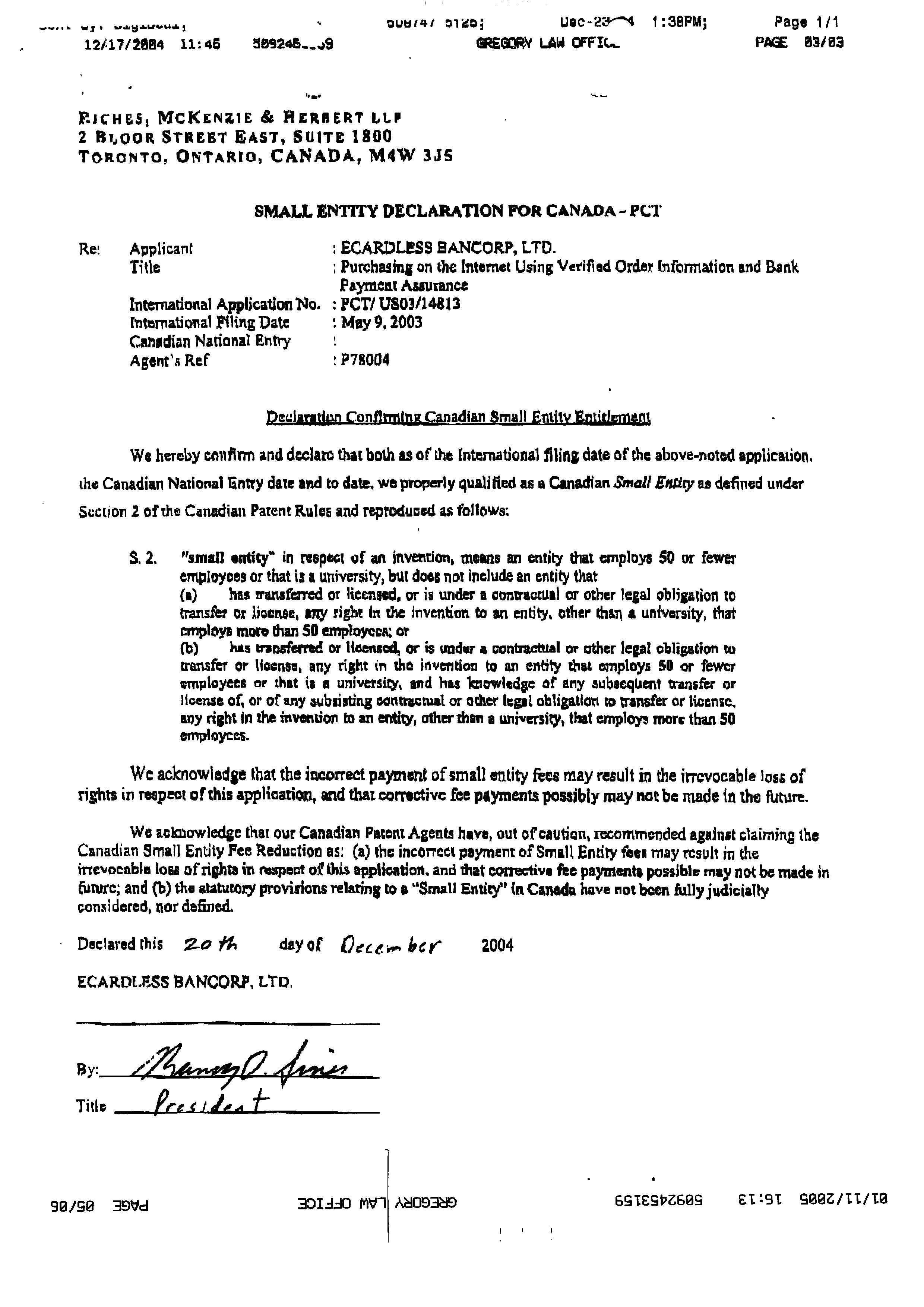 Canadian Patent Document 2485109. Correspondence 20041227. Image 3 of 3