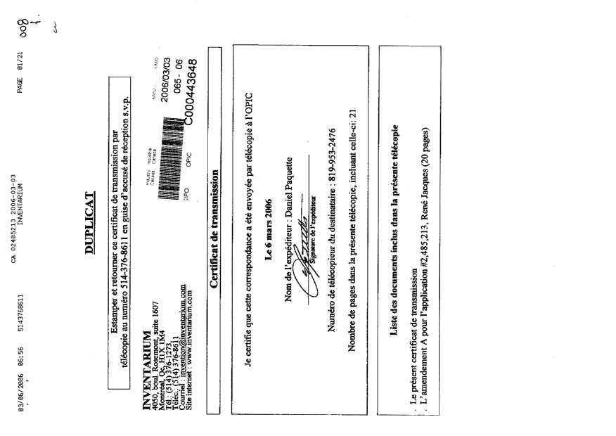 Canadian Patent Document 2485213. Prosecution-Amendment 20051203. Image 1 of 21