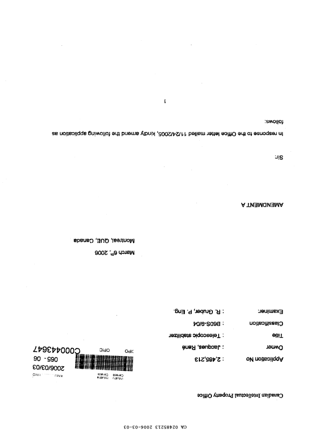 Canadian Patent Document 2485213. Prosecution-Amendment 20051203. Image 2 of 21