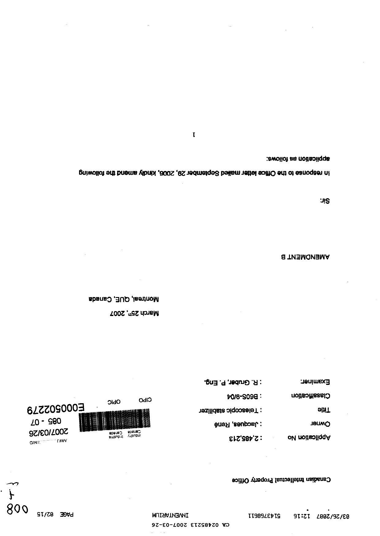 Canadian Patent Document 2485213. Prosecution-Amendment 20061226. Image 1 of 15