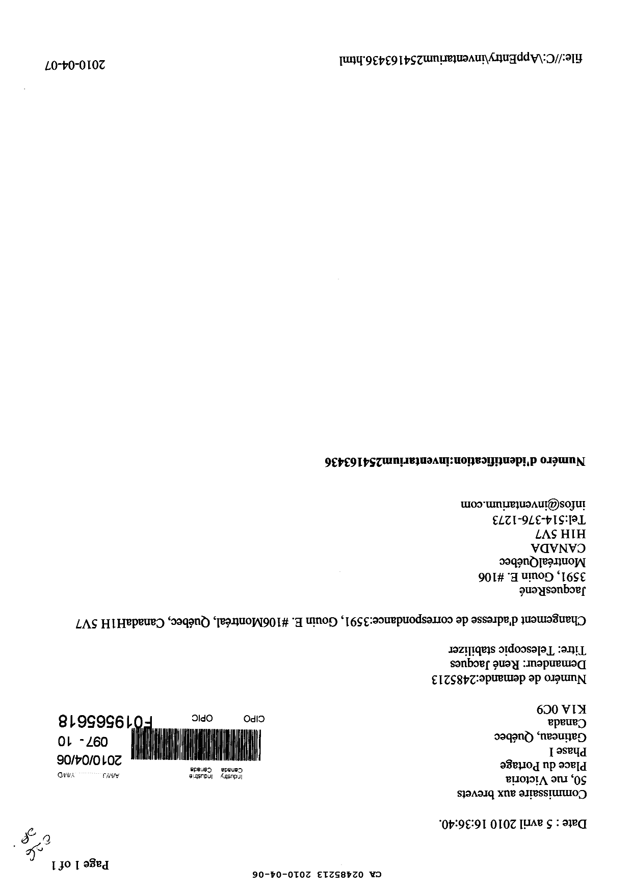 Document de brevet canadien 2485213. Correspondance 20091206. Image 1 de 1