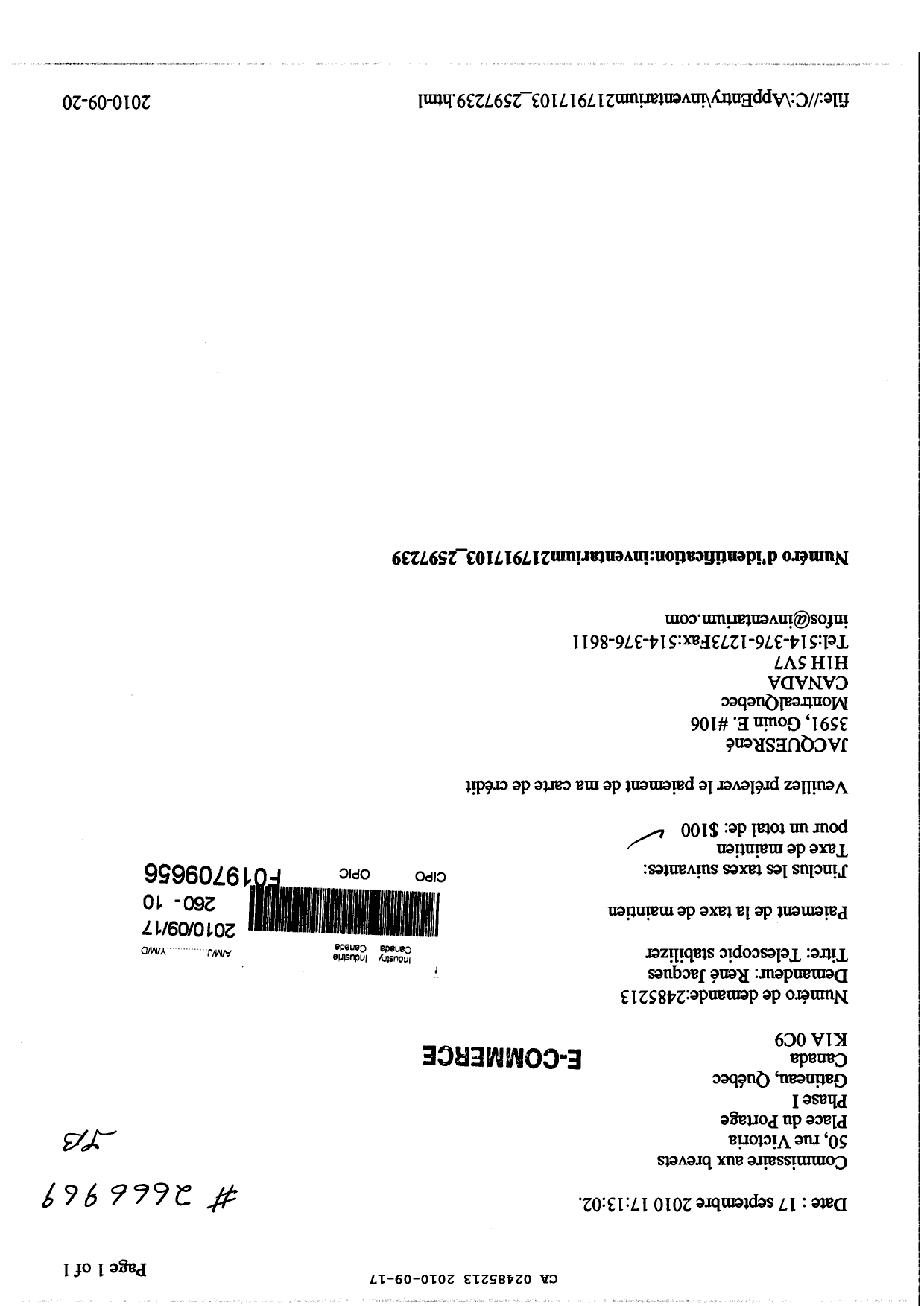 Document de brevet canadien 2485213. Taxes 20091217. Image 1 de 1