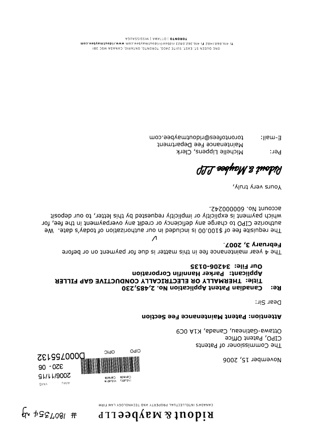 Canadian Patent Document 2485230. Fees 20061115. Image 1 of 1