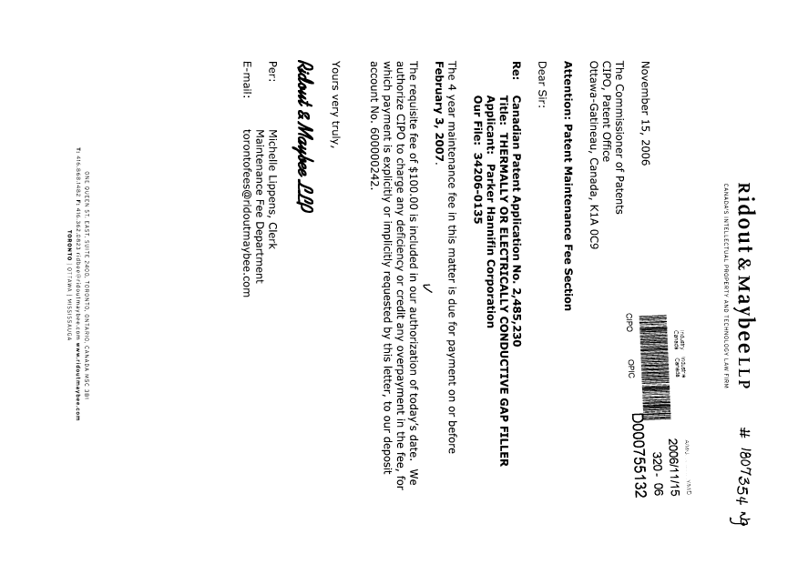 Document de brevet canadien 2485230. Taxes 20061115. Image 1 de 1