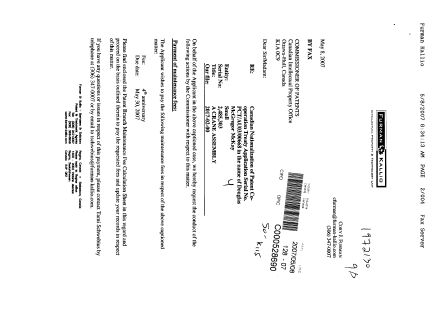 Document de brevet canadien 2485303. Taxes 20070508. Image 1 de 4