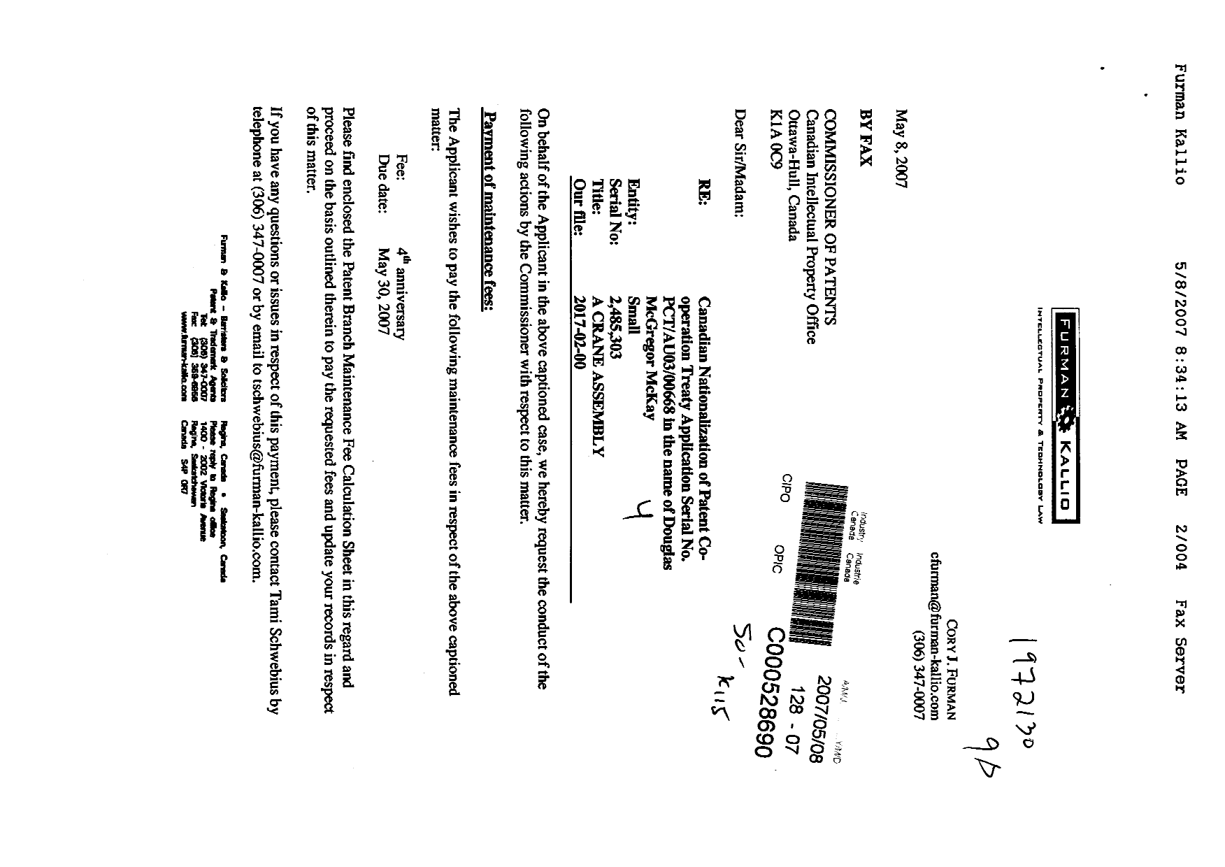 Canadian Patent Document 2485303. Fees 20070508. Image 1 of 4