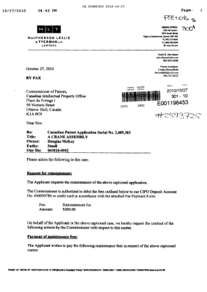 Document de brevet canadien 2485303. Correspondance 20101027. Image 1 de 2