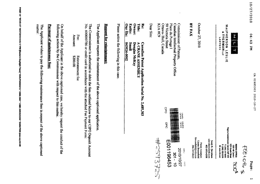Document de brevet canadien 2485303. Correspondance 20101027. Image 1 de 2