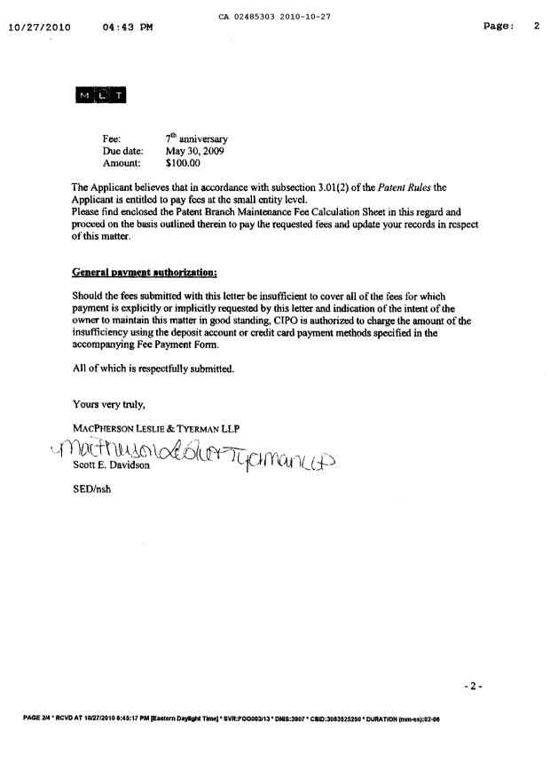 Document de brevet canadien 2485303. Correspondance 20101027. Image 2 de 2