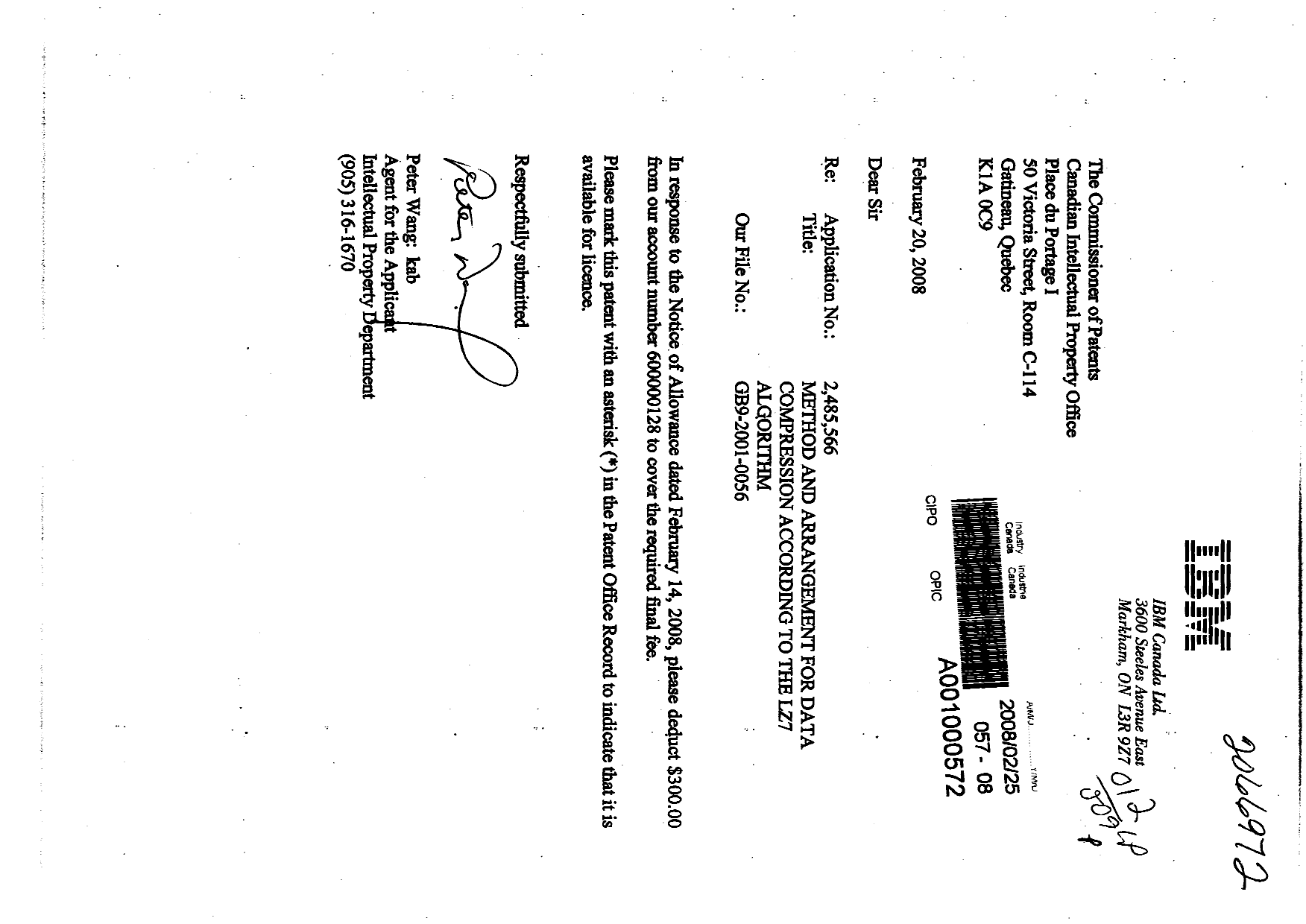 Canadian Patent Document 2485566. Correspondence 20080225. Image 1 of 1