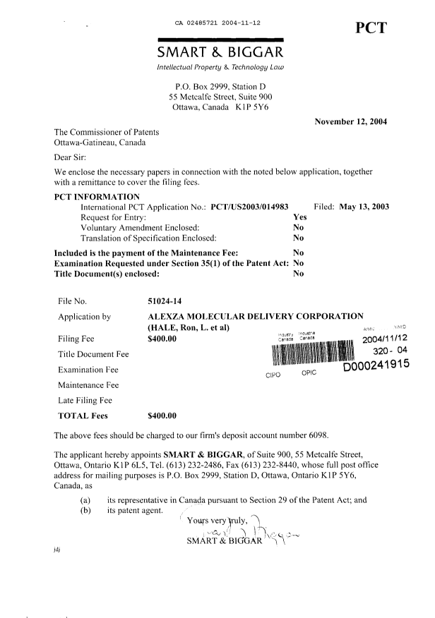 Document de brevet canadien 2485721. Cession 20041112. Image 1 de 4