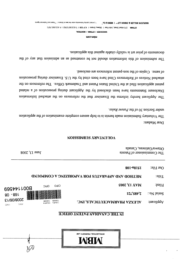 Canadian Patent Document 2485721. Prosecution-Amendment 20080613. Image 1 of 2