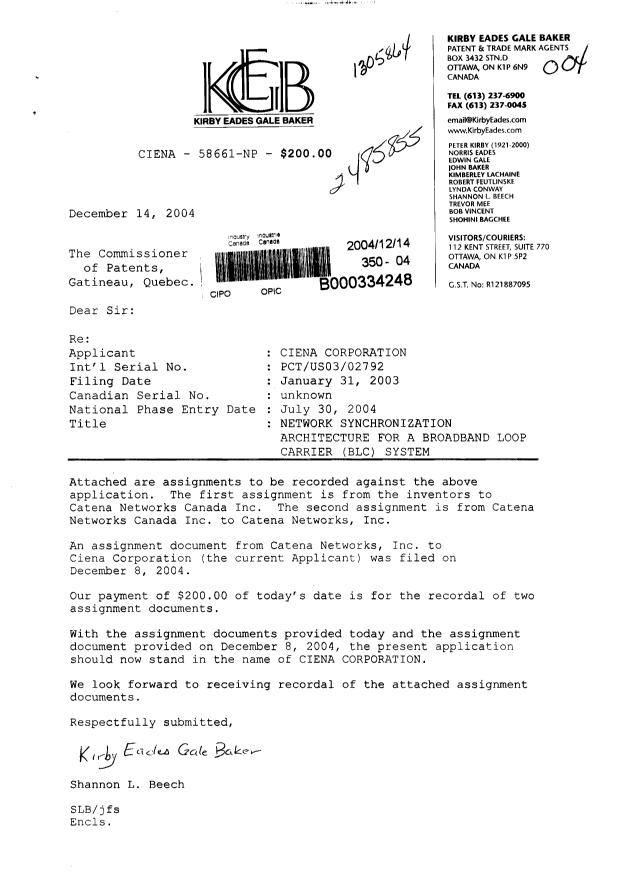 Document de brevet canadien 2485855. Cession 20041214. Image 1 de 4