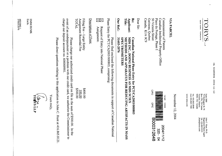 Document de brevet canadien 2485894. Cession 20041112. Image 1 de 7