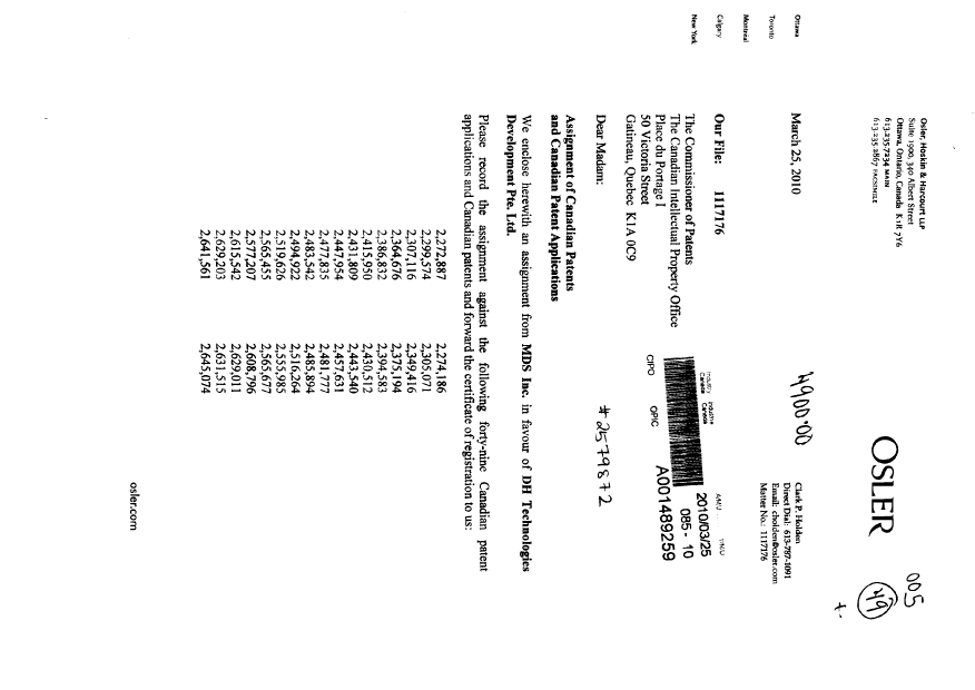 Document de brevet canadien 2485894. Cession 20100325. Image 1 de 3