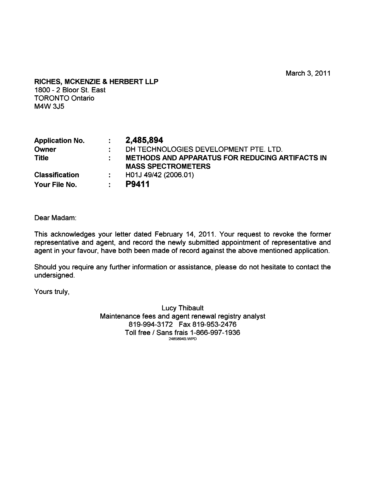 Document de brevet canadien 2485894. Correspondance 20110303. Image 1 de 1