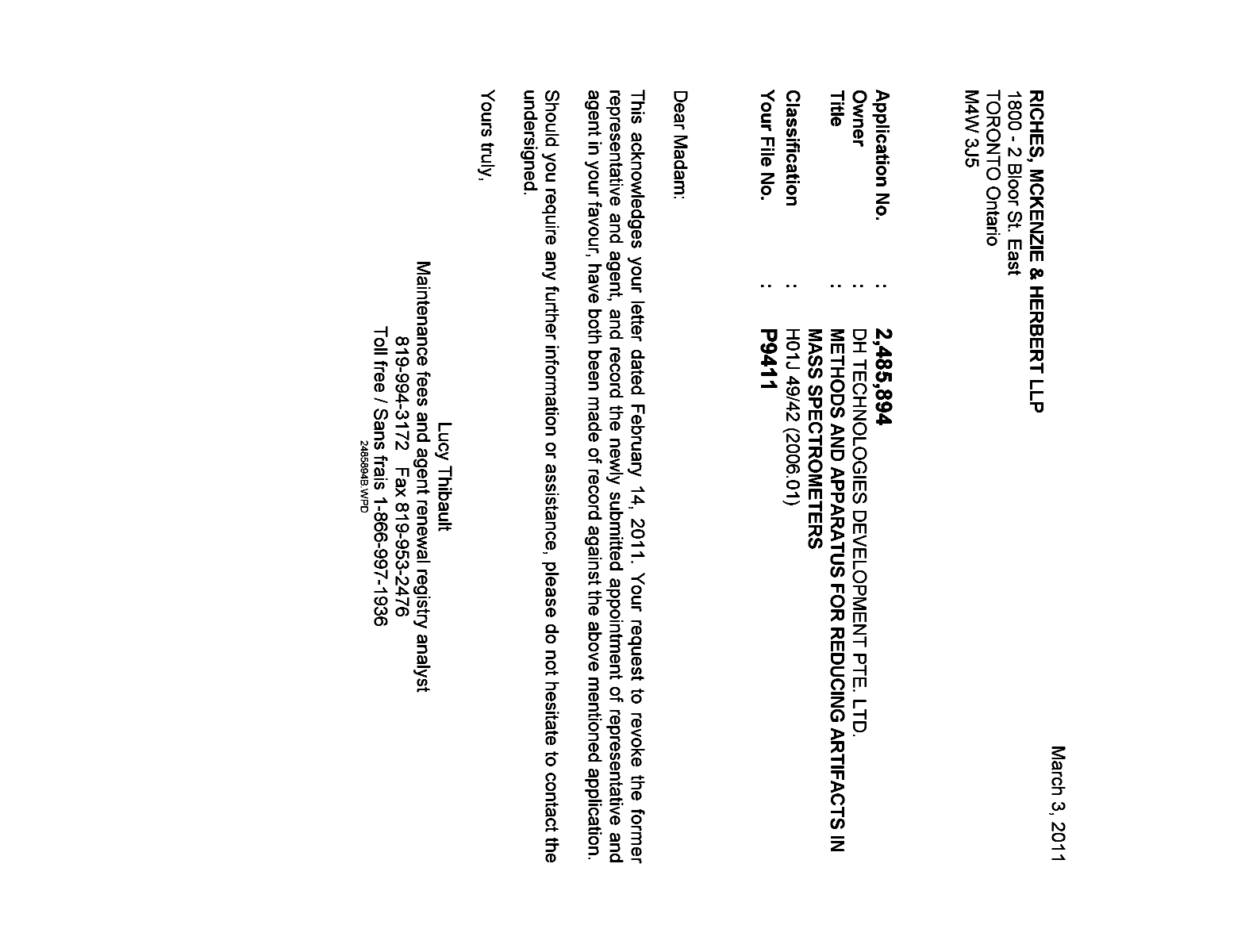 Canadian Patent Document 2485894. Correspondence 20110303. Image 1 of 1