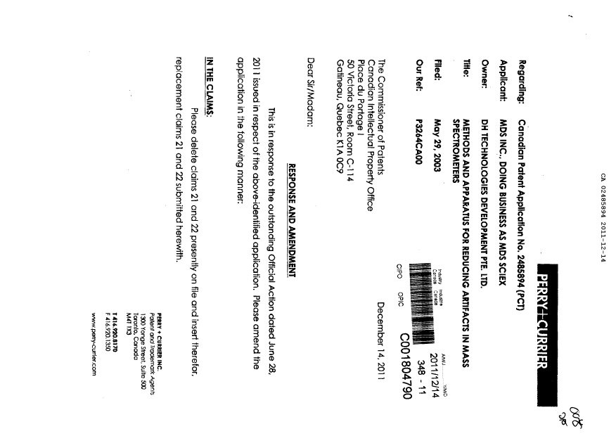 Document de brevet canadien 2485894. Poursuite-Amendment 20111214. Image 1 de 4