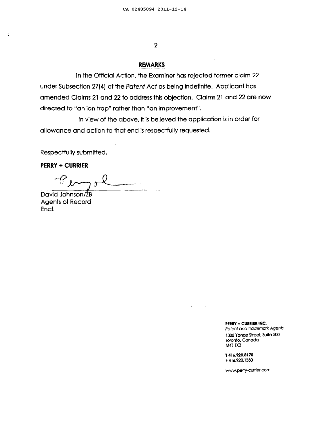 Document de brevet canadien 2485894. Poursuite-Amendment 20111214. Image 2 de 4