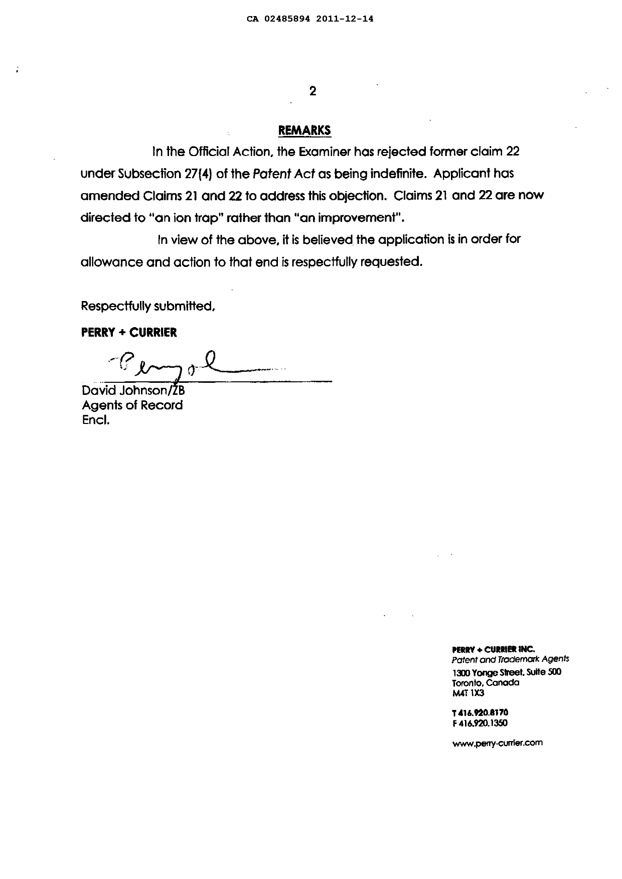 Canadian Patent Document 2485894. Prosecution-Amendment 20111214. Image 2 of 4
