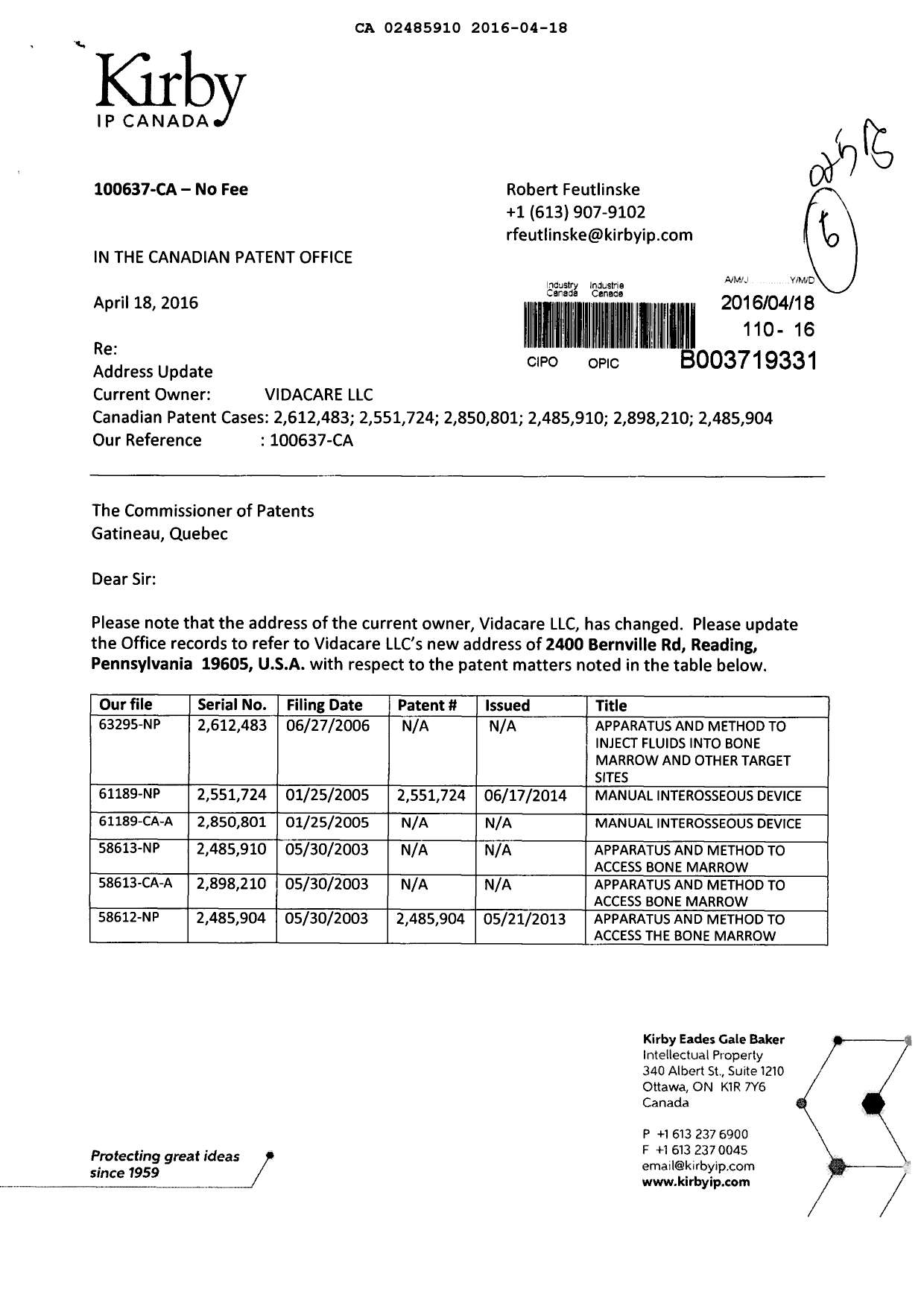 Document de brevet canadien 2485910. Cession 20160418. Image 1 de 3