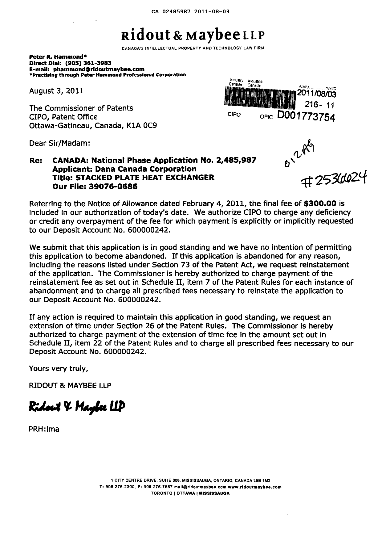 Document de brevet canadien 2485987. Correspondance 20110803. Image 1 de 1