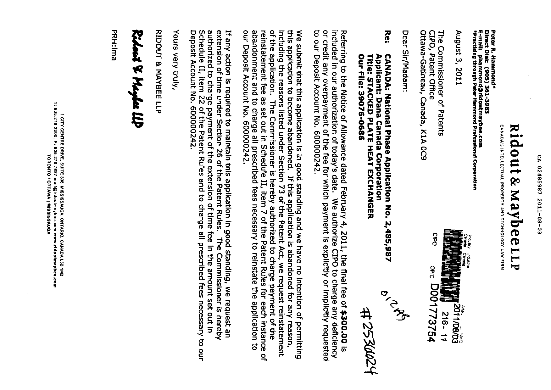 Canadian Patent Document 2485987. Correspondence 20110803. Image 1 of 1